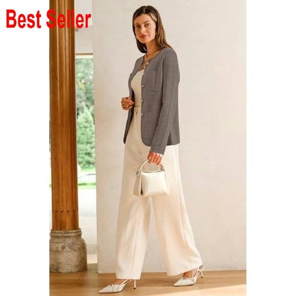 Wool Blend Sweater Blazer Classic Collarless Business Casual Jacket Pockets - Picture 5 of 8